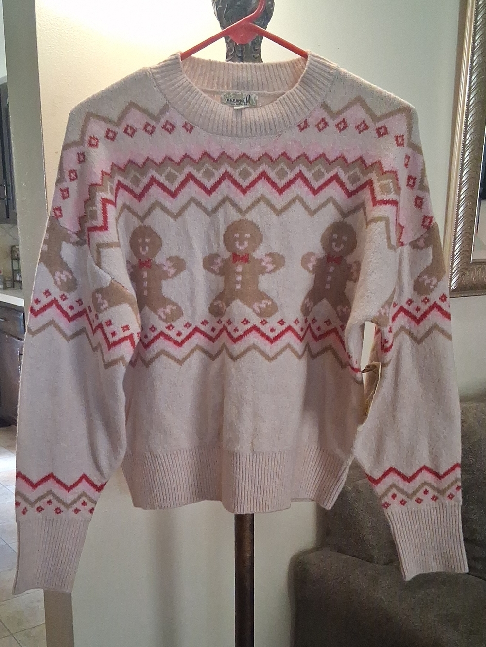 ONE WORLD Cream Fair Isle Gingerbread Motif Sweater with Red Accents